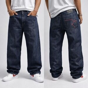 Rocawear Jeans 40x 27.5 Dark Wash Embroidered Y2K Hip Hop Streetwear Relaxed